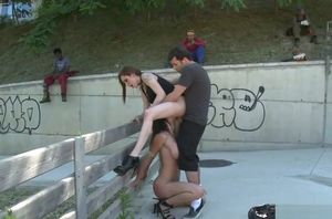 Tormentor nails domme and victim outdoor